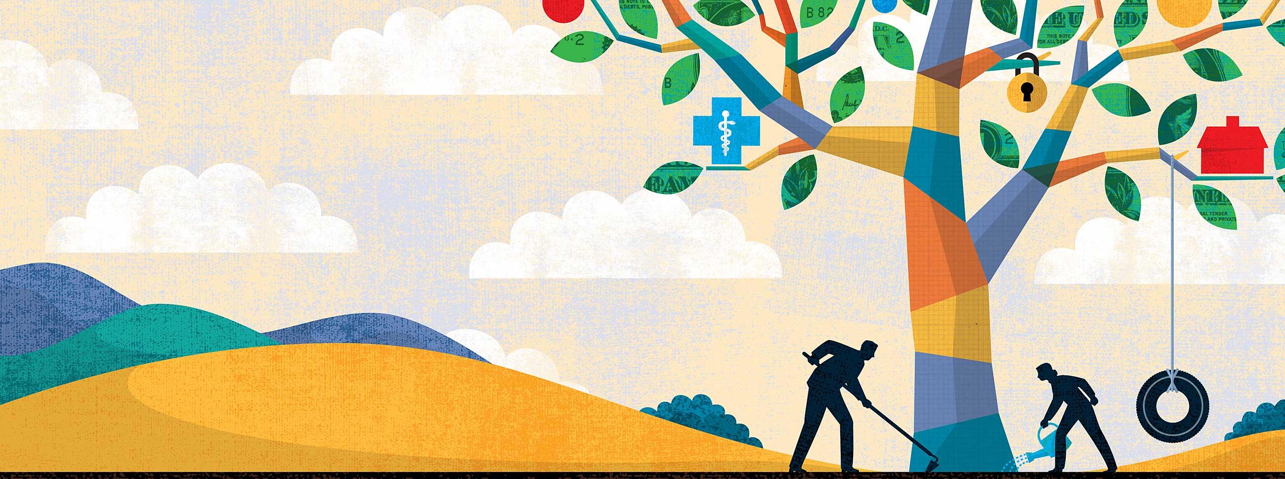 illustration of couple opening curtain.